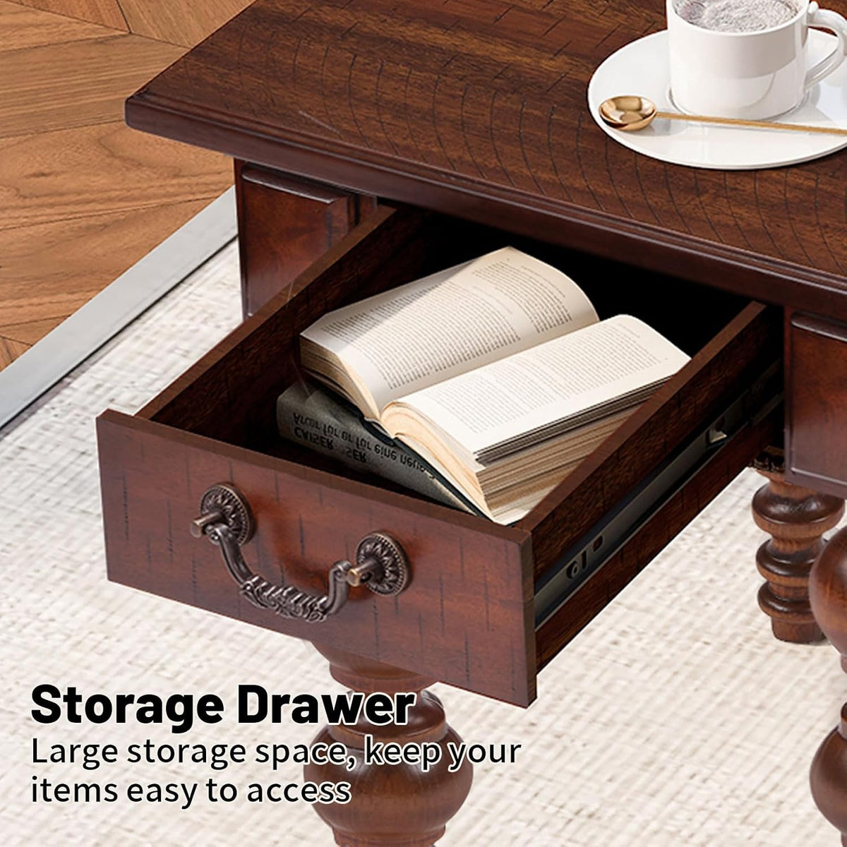 LKTART Wood End Table, Vintage Narrow Sofa Side Table with Storage Drawer, Bedside Table with Turned Wood Spindle Legs for Living Room Bedroom Small Space Home Office, No-Tools Assembly(Walnut)