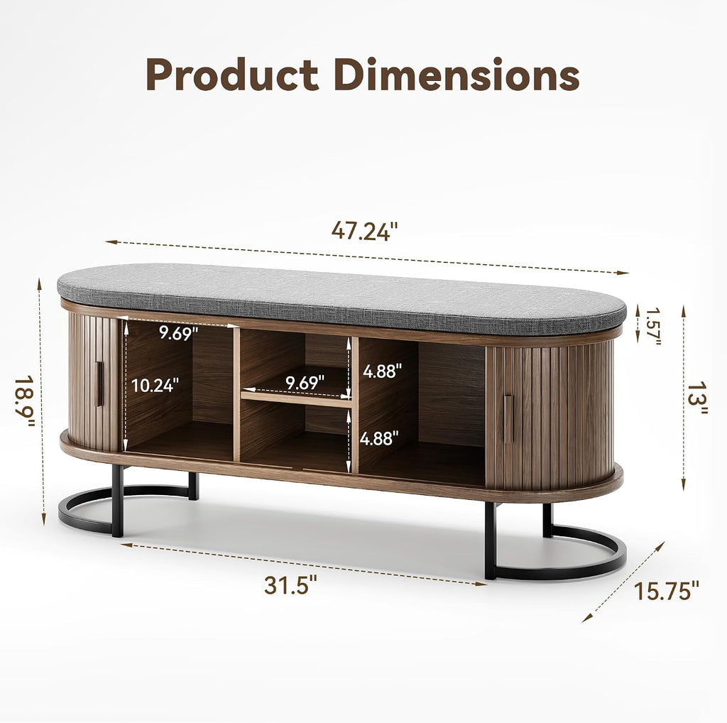 Decofy Shoe Storage Bench with Cushion and Sliding Doors, 47.2 Inch Shoe Bench with Storage, Freestanding Entryway Bench with Storage, Sturdy Metal Feet, for Hallway & Entrance Hall, Walnut