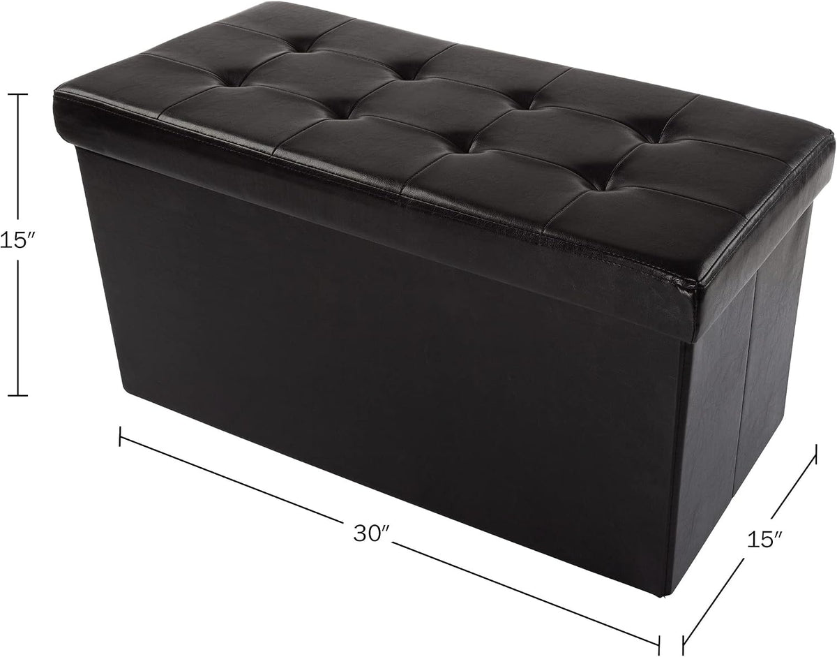 Lavish Home Storage Ottoman - 30-Inch Folding Faux Leather Footrest, Linen Chest, or Bench with Removable Bin for Living Room or Bedroom (Black)