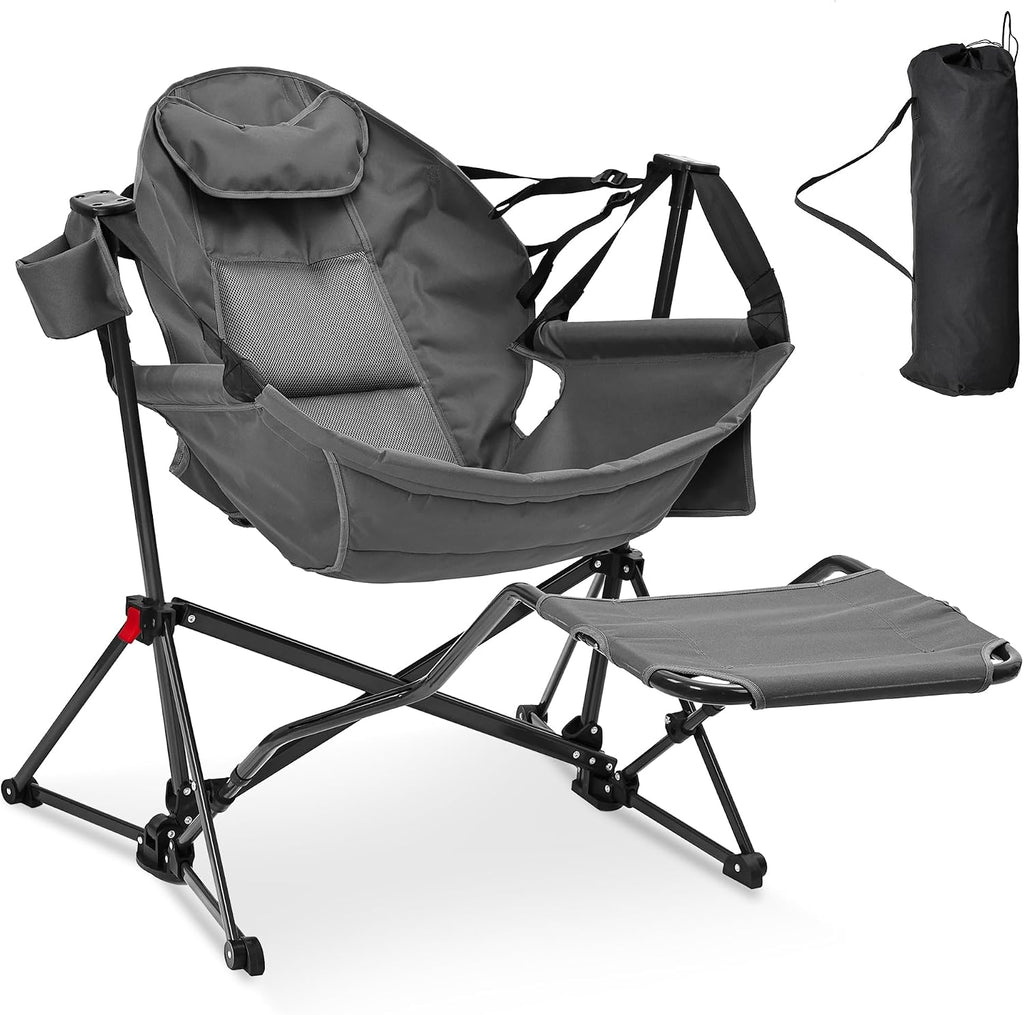 Ainfox Hammock Camping Chair with Footrest, Foldable Portable Rocking Chairs for Adults Outside Swinging Camp with Cup Holder Pillow for Outdoor Patio Poolside (Dark Grey)