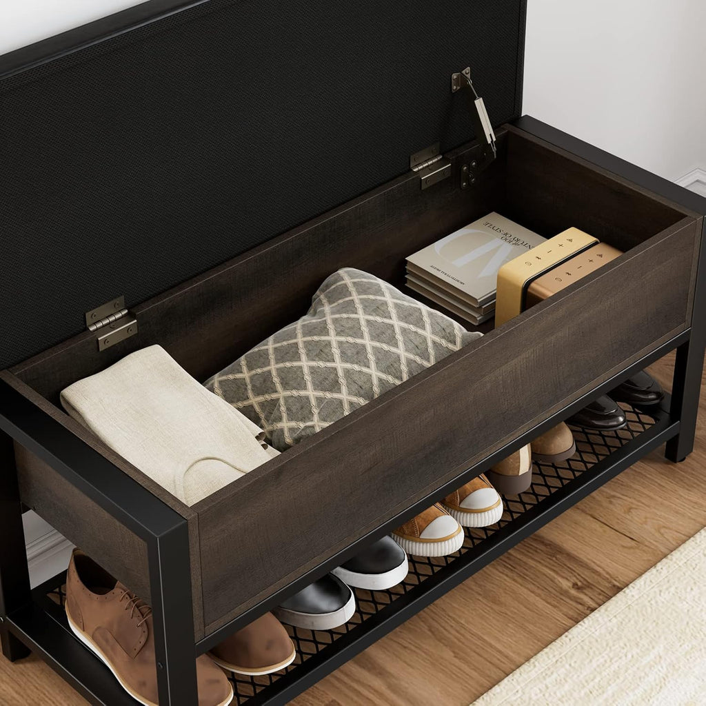 HOSTACK 40" W Storage Bench, Entryway Shoe Bench with Cushion, Dark Brown | Wood Metal Bench with Flip-Open Hidden Storage, Ottoman Bench with Padded Seat & Shoe Rack for Hallway, Bedroom, Living Room