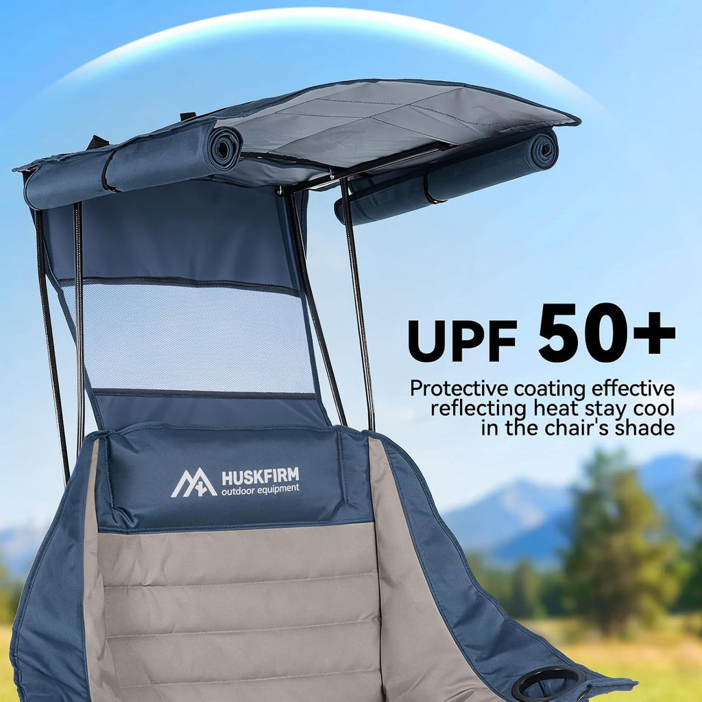 Huskfirm Camping Chair with Canopy Shade, Folding Oversized Beach Chair with Canopy, Heavy Duty Canopy Chair with Cup Holders, Carry Bag, Supports 400 lbs, for Beach, Sports, Fishing, Lawn Blue