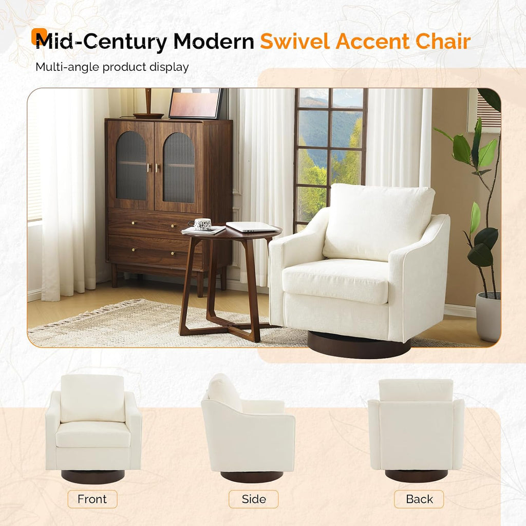 VINGLI Mid-Century Modern Swivel Accent Chair, 360°Upholstered Armchair, Home Sofa with Track Arms for Living Room, Bedroom, Reading Room, Club Swivel Chair,Chenille Beige