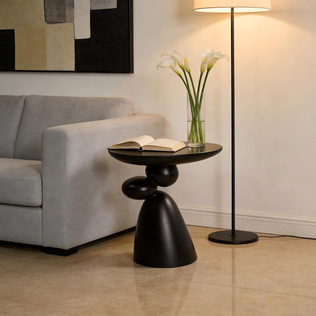 20" Lucky Stone-Shaped Oval End Table, Modern Minimalist Glass Fiber Side Table, Sculptural Base Living Room Accent Table, Suitable for Apartments, Black
