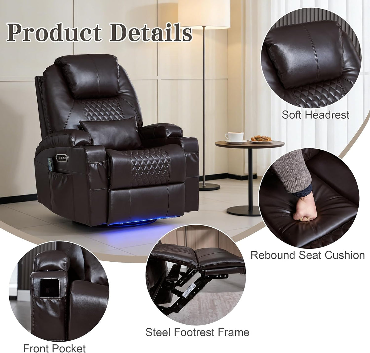 AHMED Dual Motor Power Swivel Rocker Recliner Chair, Faux Leather, Brown | Electric Glider Rocking Chair, Massage & Heat, Cup Holders, LED Lights, USB A/USB C Ports