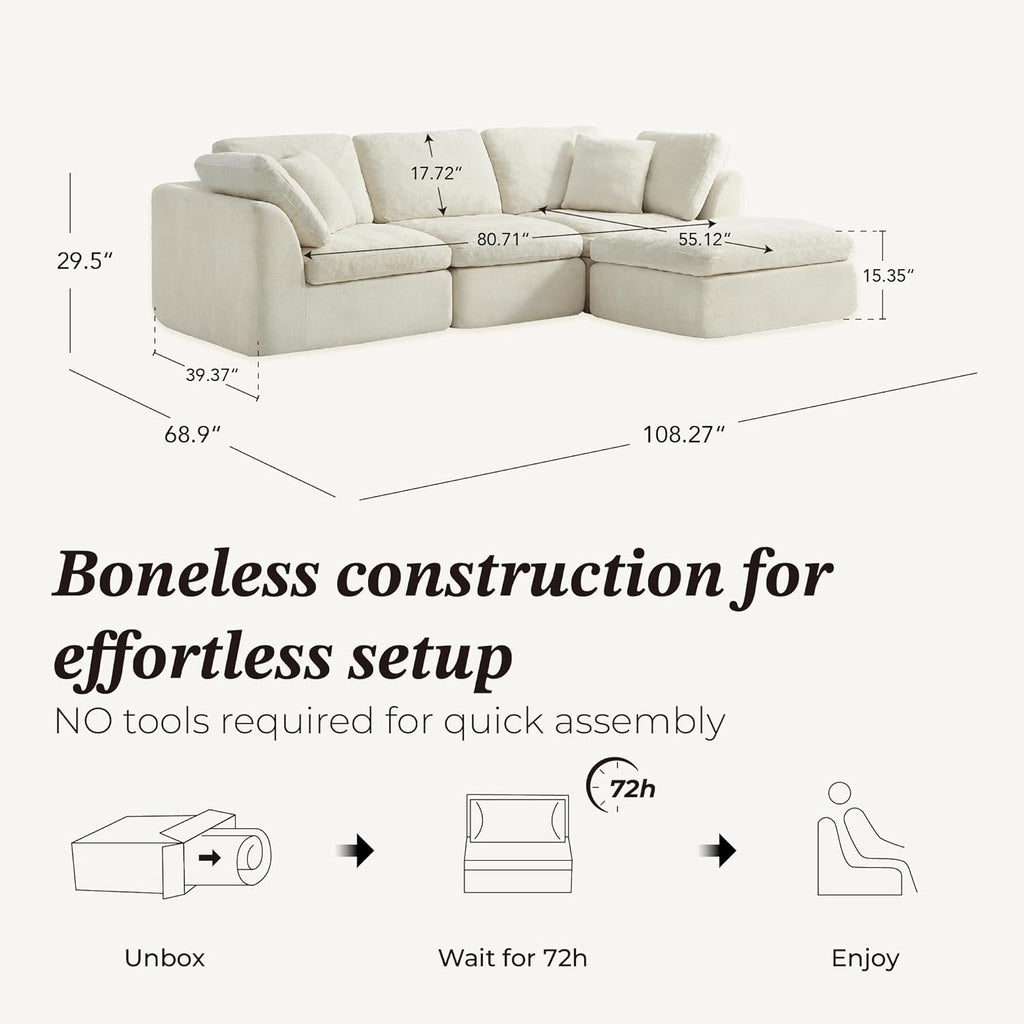 CHITA 108" Cloud Sectional Couches for Living Room, L-Shape Sofa with Ottoman, 3 Seater Modular Sectional Sofa, Cream