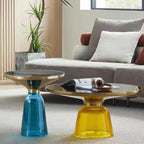 Small Glass Side Table for Living Room – Modern Round End Table with Hand-Blown Glass Base, Tempered Glass Top, Carbon Steel Frame – Accent Table for Bedroom Sofa Couch