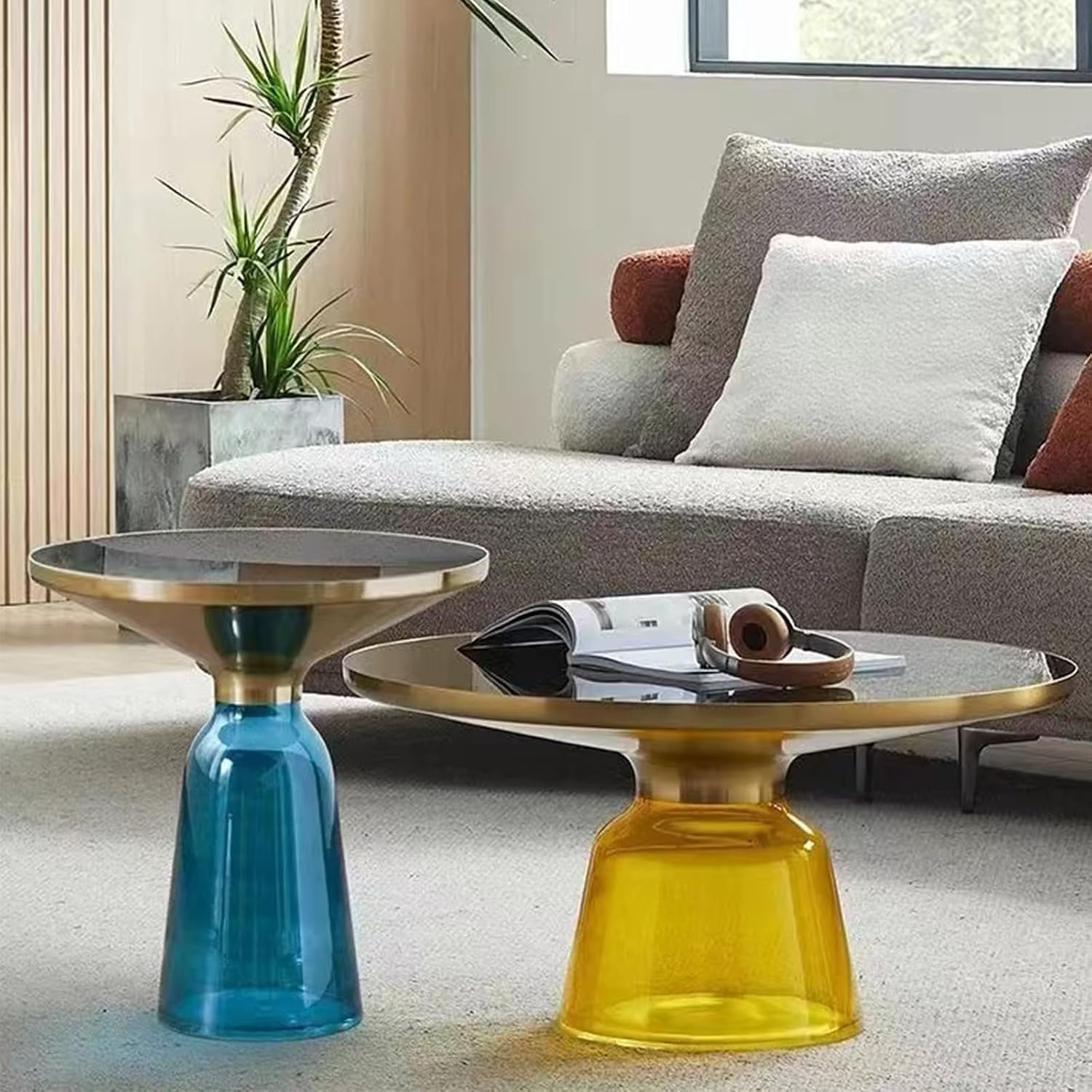 Small Glass Side Table for Living Room – Modern Round End Table with Hand-Blown Glass Base, Tempered Glass Top, Carbon Steel Frame – Accent Table for Bedroom Sofa Couch