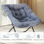 DUMOS Faux Fur Saucer Chair for Adults, Living Room Folding Lounge Chair | Comfy Soft Square Oversized Chair with Metal Frame Moon Seat, Portable Anti-Slip for Living Bedroom Dorm, Grey
