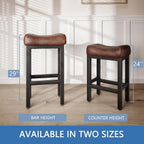 Raynesys 29 Inche Bonded Leather Counter Height Bar Stools Set of 2 Square | Barstools with Thick Bonded Leather Saddle Seats & Heavy Duty Metal Base for Kitchen Counter, Easy Assembly, Brown/Black