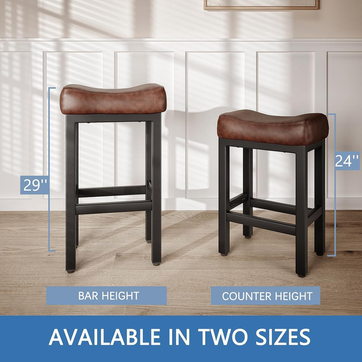 Raynesys 29 Inche Bonded Leather Counter Height Bar Stools Set of 2 Square | Barstools with Thick Bonded Leather Saddle Seats & Heavy Duty Metal Base for Kitchen Counter, Easy Assembly, Brown/Black
