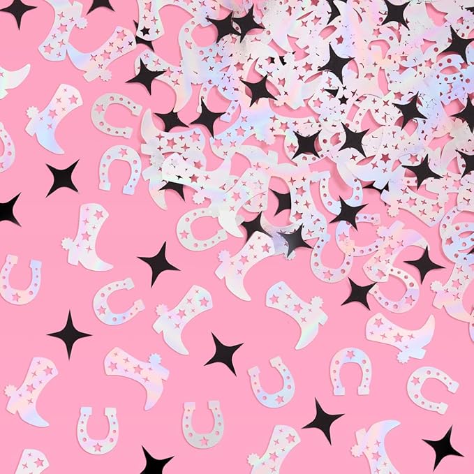 xo, Fetti Black + Iridescent Western Confetti - 200 pc | Rodeo Bachelorette Tablescape, Ranch Birthday Party Decoration, Cowgirl Table Decor, Cowboy Kids Party Supplies
