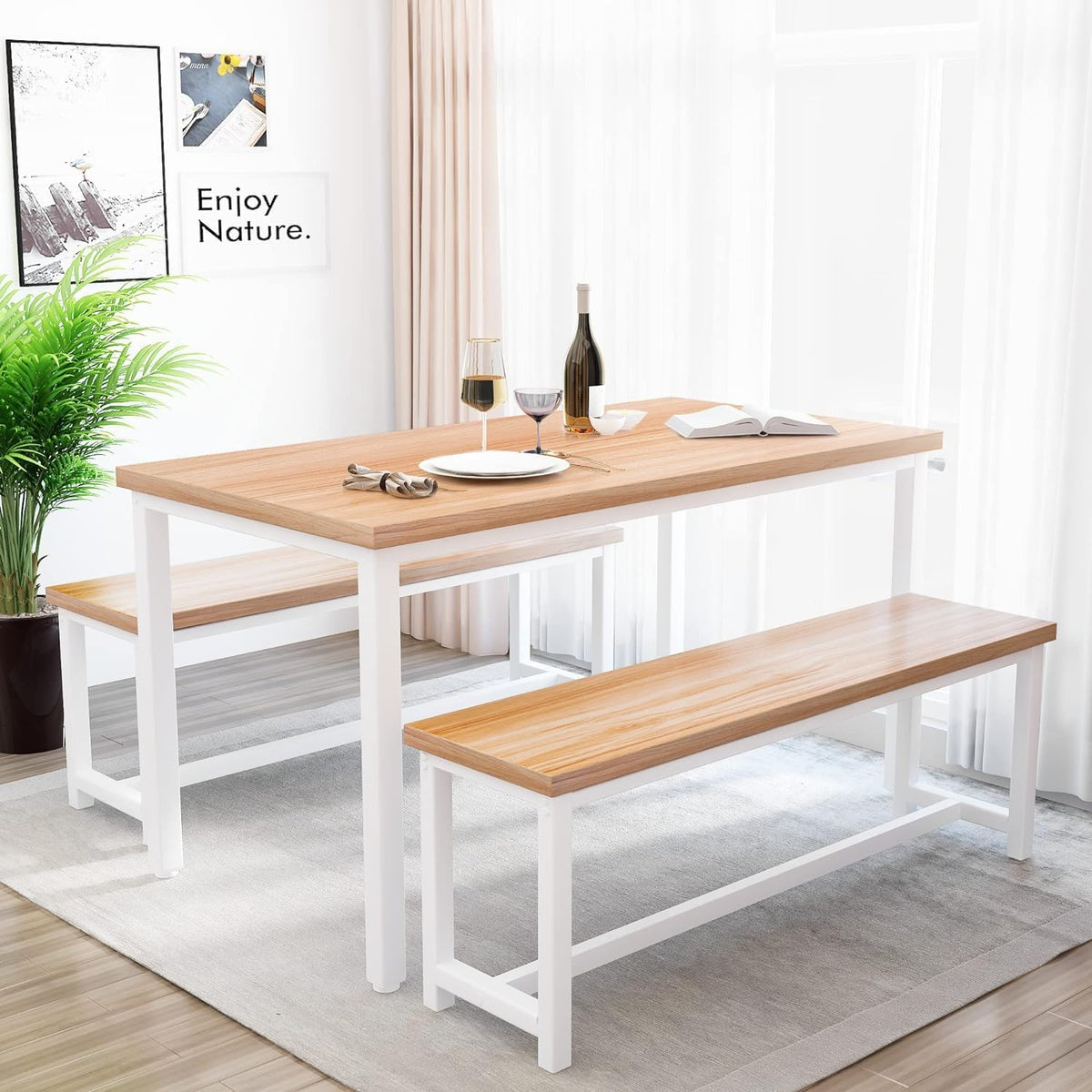 Recaceik Dining Table Set for 4 Kitchen Dining Room Set with 2 Dinner Benches, Farmhouse Breakfast Table for Apartment Small Space, Easy Assembly