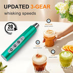 YUSWKO Turquoise Handheld Milk Frother Wand for Coffee, Rechargeable Electric Whisk with 3 Heads 3 Speeds Drink Mixer Coffee Frother For Latte, Cappuccino, Hot Chocolate, Egg