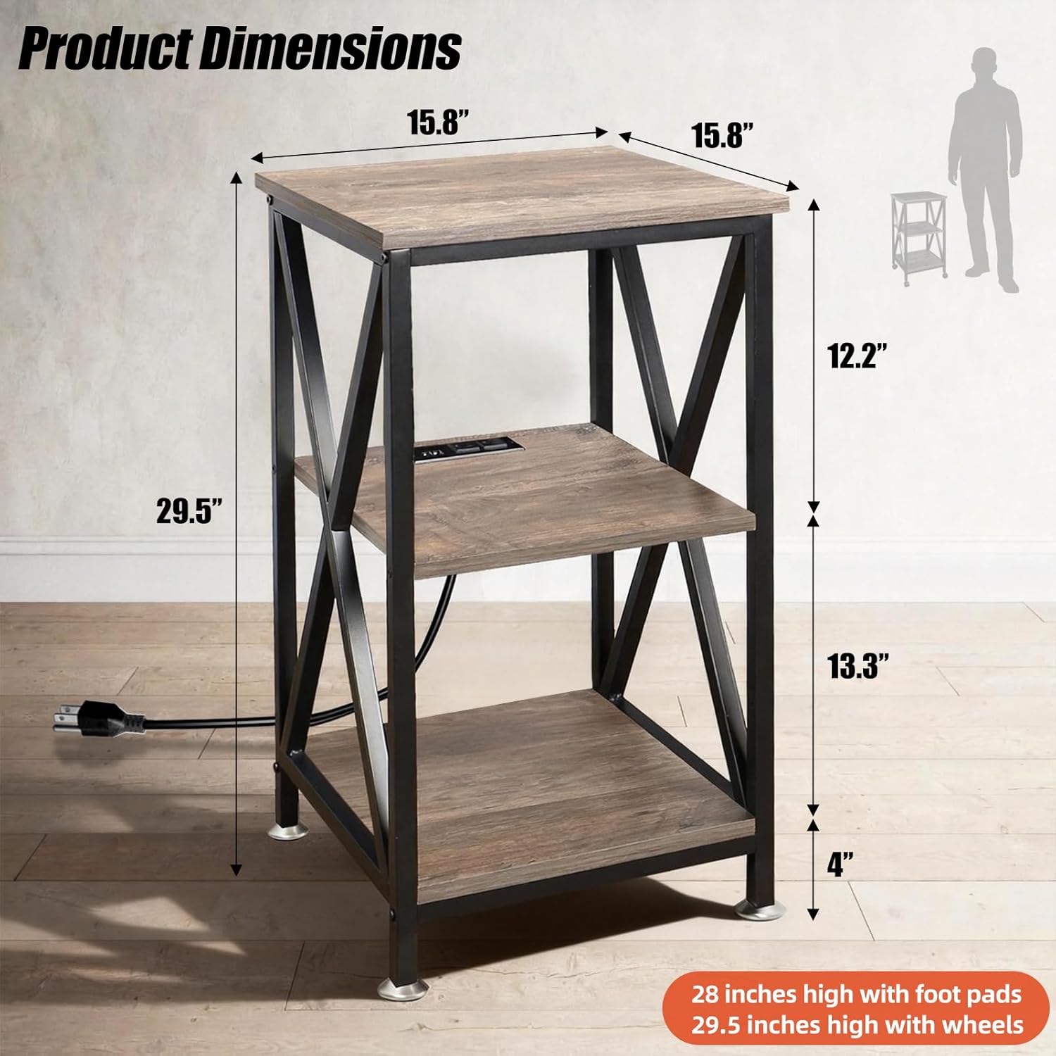 End Tables Living Room Set of 2, Square End Table with Charging Station, 16" D X 16" W X 28" H, Wood and Metal Table with USB Ports and Outlets, Side Table with Wheels for Living Room, Bedroom, Grey