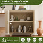 Rattan Sideboard Buffet Cabinet, Wood Storage Credenza Cabinet with Doors and Shelves, Boho Sideboard Cabinet with Curved Door for Living Room, Kitchen, Entryway, Beige