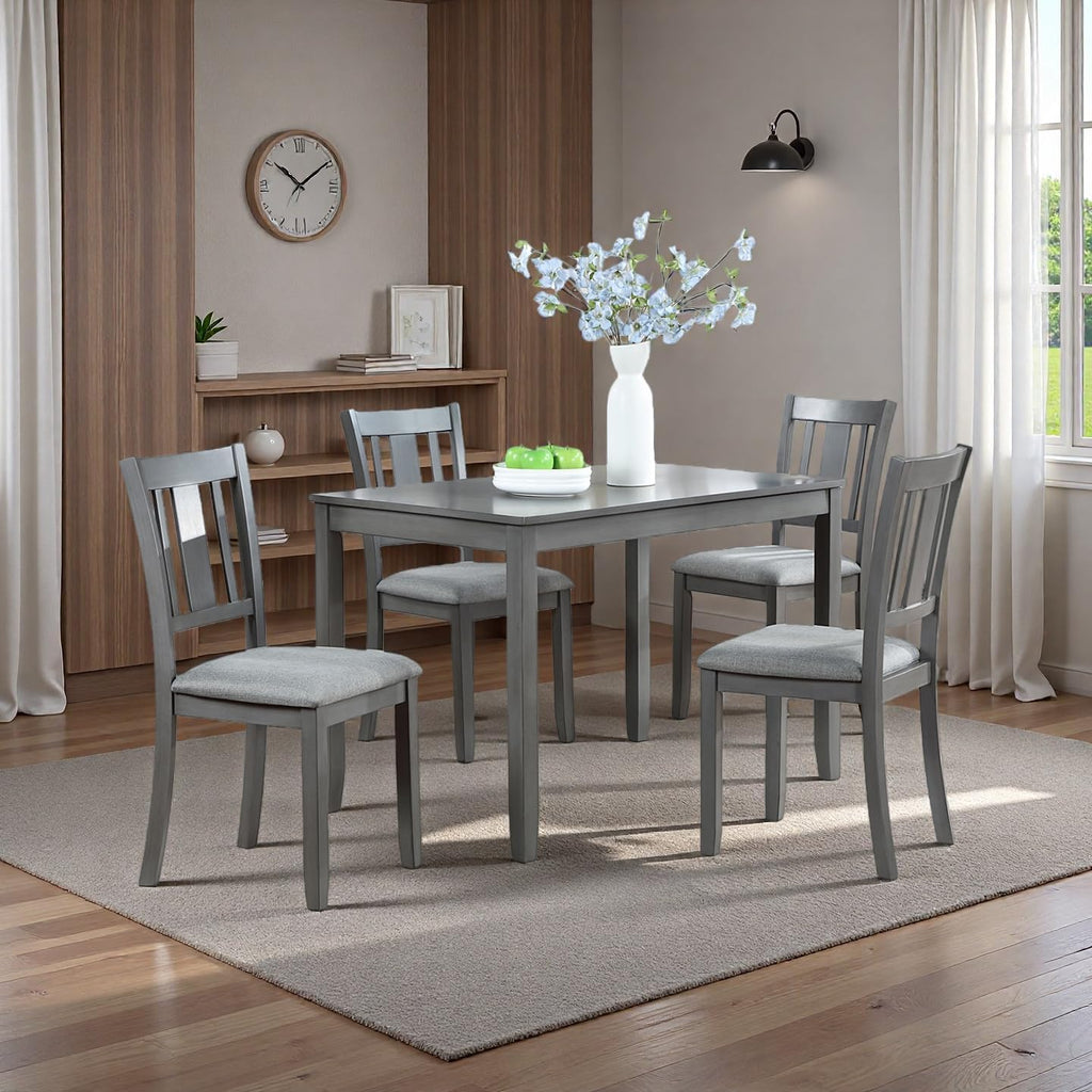 RuiSiSi 5 Piece Dining Table Set for 4, Farmhouse Kitchen Table with 4 Padded Seat Chairs, Solid Wood Dinette Set for Kitchen, Living Room, Grey