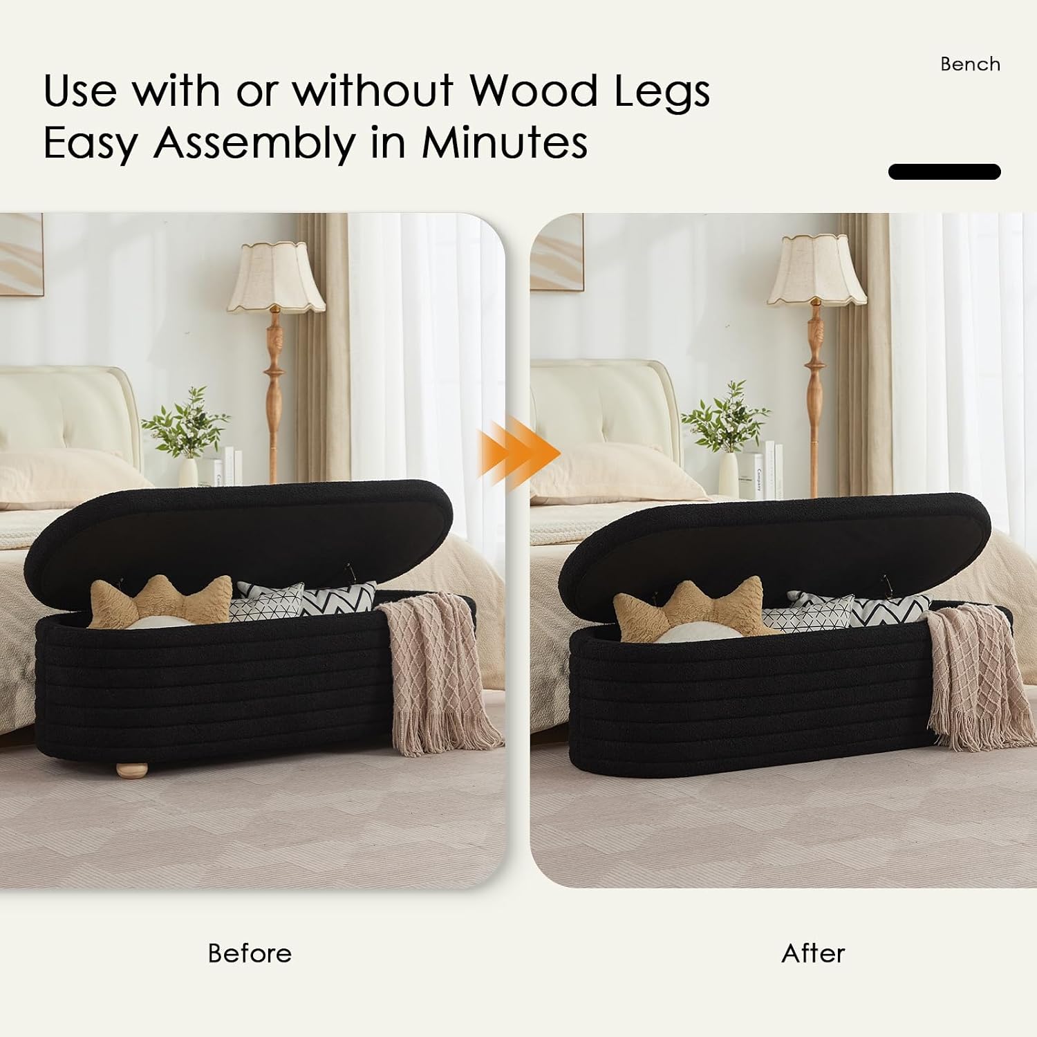 53" Storage Bench Teddy Ottoman Bench Upholstered Fabric Bench End of Bed Stool with Safety Hinge for Bedroom, Living Room, Entryway, Black