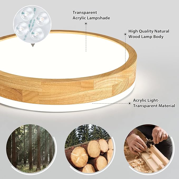 Modern Dimmable Wood Flush Mount Ceiling Light, 2700K-6000K 5CCT Round Close to Ceiling Lighting Fixtures, Minimalist LED Ceiling Lamp for Bedroom, Kitchen, Hallway, Living Room-15.74in