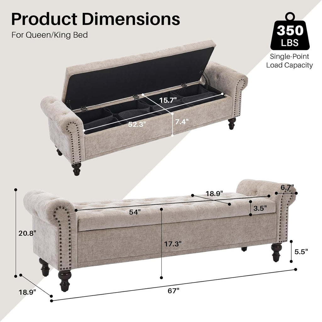 SOFTHION Storage Bench for Bedroom, 67" End of Bed Bench King Size, Upholstered Chenille Storage Ottoman with Tufted Cushioned Rolled Arm Large Storage Space for Living Room Entryway, Light Brown