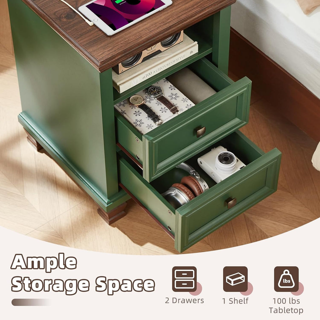 SAVOR LIFE Farmhouse Nightstand Set of 2 with Charging Station, Green | End Tables Bedroom with 2 Drawers, Traditional Night Stand with Open Shelf & Thickened Top & Square Wooden Legs
