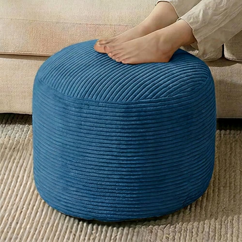 N&V Stuffed Pouf Ottoman for Bean Bag and Sofa, Soft Corduroy Cover Filled with High Density Foam Filling,19 X 17 Foot Rest,Prussia Blue