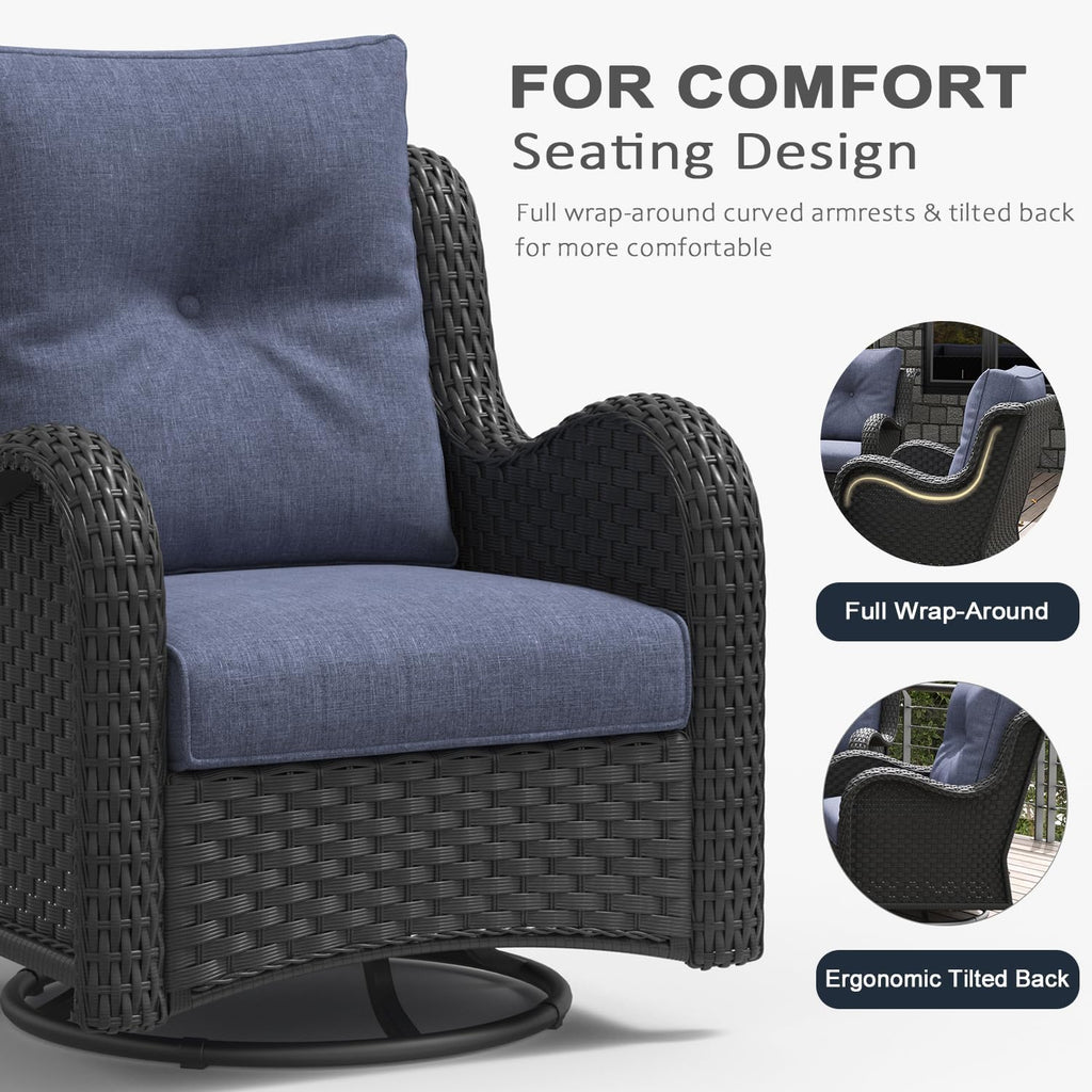 LayinSun 10 Pieces Outdoor Patio Furniture Set with Fire Pit Table, Rattan Wicker Sectional Swivel Rocker Chairs Sets with Ottomans, Swivel Glider Chairs and Coffee Table
