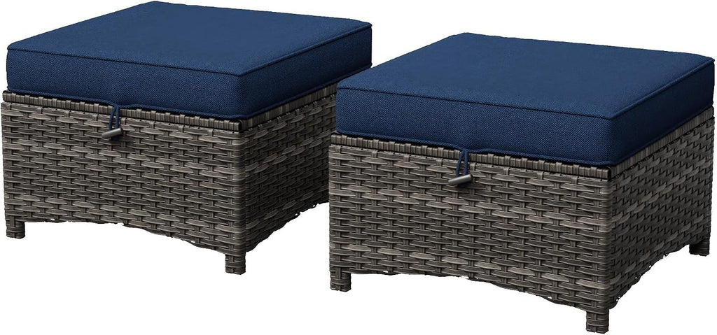 Patio Ottomans Set of 2, 22"x 22"x 18" Outdoor Wicker Footstool with Cushion, Blue, for Garden, Backyard, Deck, Porch, Balcony, Poolside
