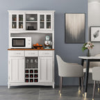 PETSITE Kitchen Pantry Storage Cabinet, Freestanding Microwave Cupboard with Tempered Glass Cabinet, Wine Rack, Adjustable Shelves, Buffet with Hutch for Living Room, Dining Room, White