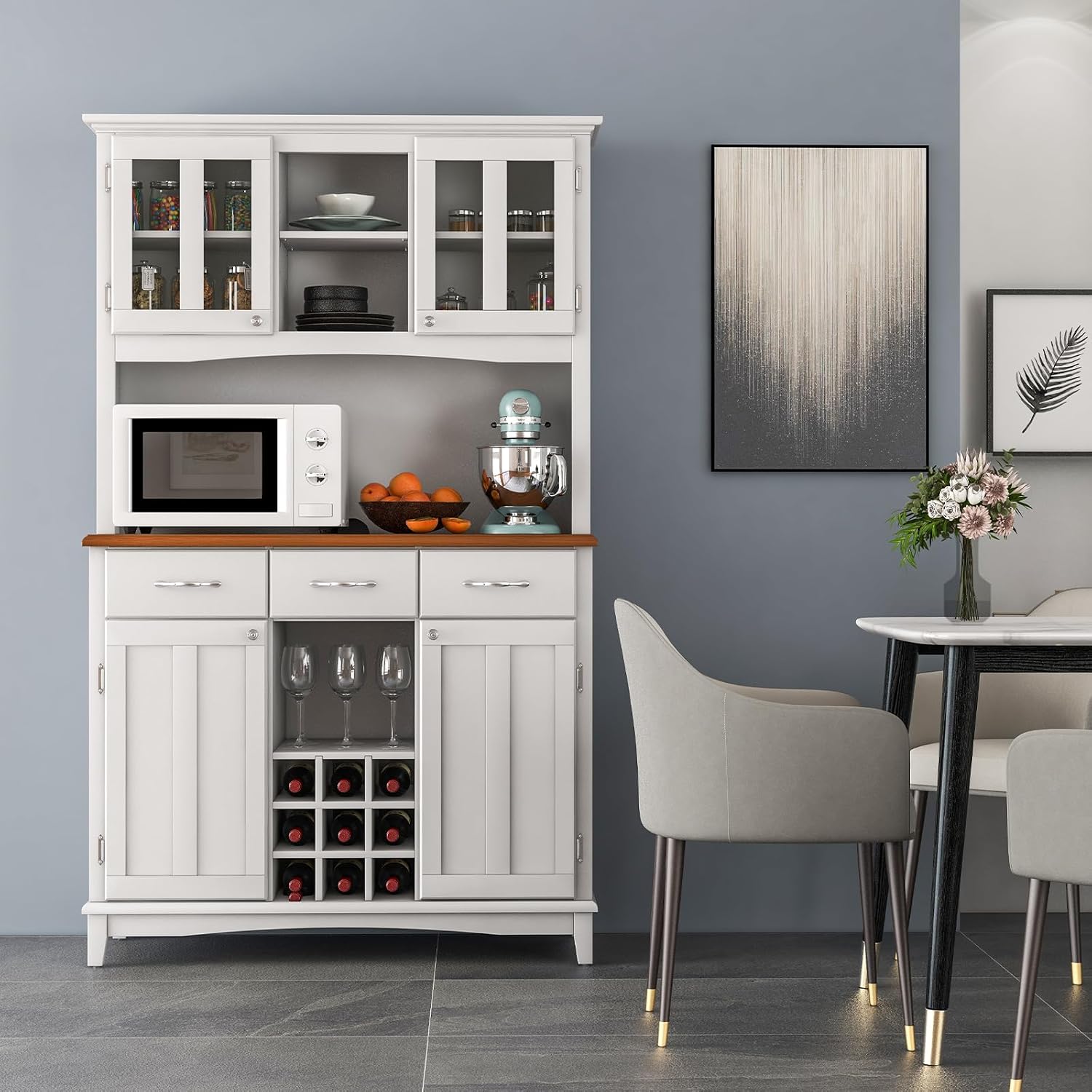 PETSITE Kitchen Pantry Storage Cabinet, Freestanding Microwave Cupboard with Tempered Glass Cabinet, Wine Rack, Adjustable Shelves, Buffet with Hutch for Living Room, Dining Room, White
