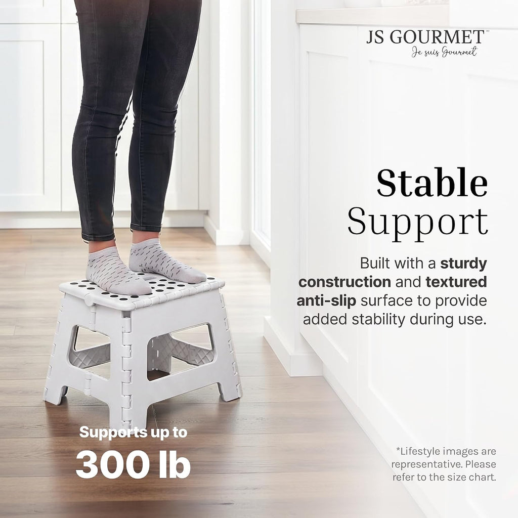 JS Gourmet Folding Step Stool - Set of 2, Sturdy Plastic Stool 9-inch | Lightweight Non Slip, Holds Up to 300 lbs, Collapsible Stool for Kitchen, Bathroom, Garden, & Camping Use - White