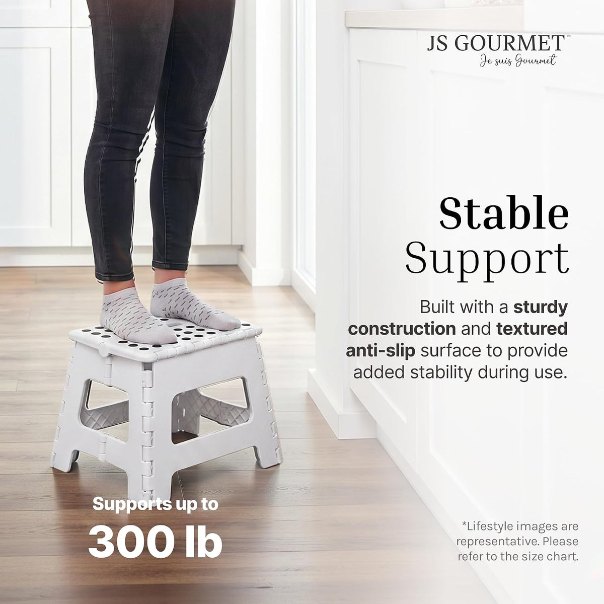 JS Gourmet Folding Step Stool - Set of 2, Sturdy Plastic Stool 9-inch | Lightweight Non Slip, Holds Up to 300 lbs, Collapsible Stool for Kitchen, Bathroom, Garden, & Camping Use - White