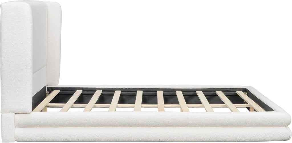 Queen Size Boucle Bed Frame, Upholstered Cloud Beds Frames with Headboard, Soft Platform Bed Frame with Thickened Footboard,12 Wooden Legs Support, No Box Spring Required (42" White, Queen)