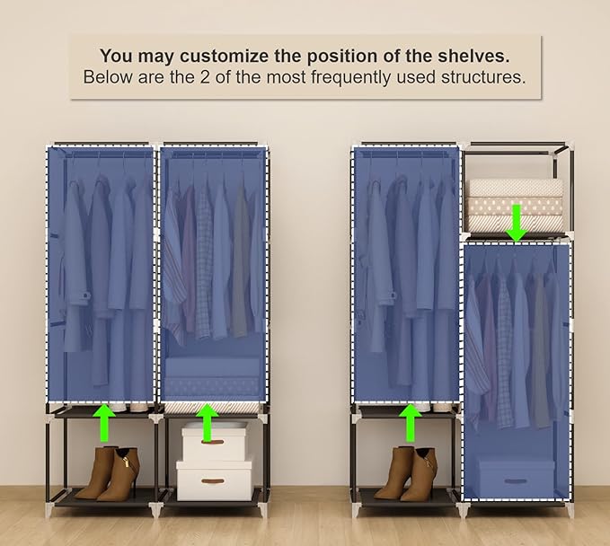 Portable Closet Wardrobe for Small Room, 35-Inch Clothing Organizer Storage Rack with 2 Clothes Hanging Rods and 4 Shelves, Non-Woven Fabric Cover, Grey