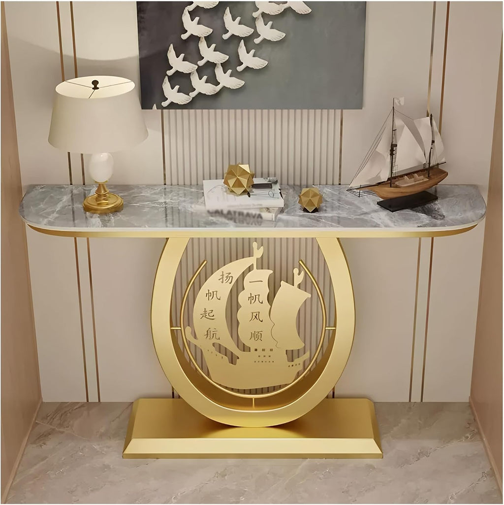 Zfmnoyev Long Accent Stone Top Narrow Console Table | Modern Half-Moon Accent Display Furniture, Narrow Sofa Tables for Foyer Living Room Hallway(Gold-C,100x30x80cm)