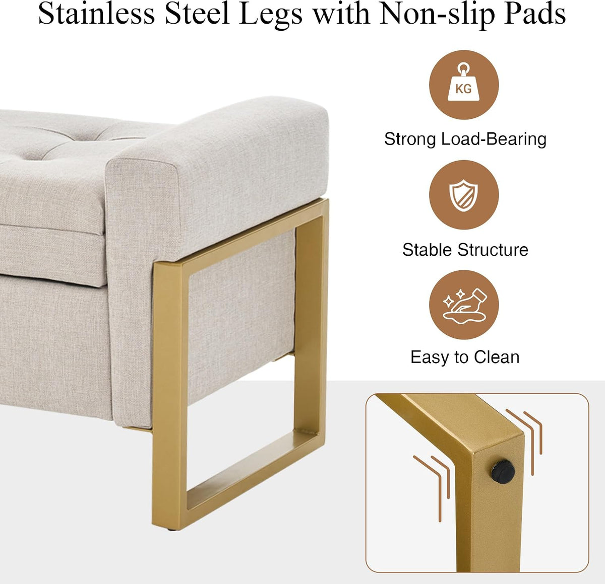 adochr 57" Storage Ottoman Bench, Upholstered End of Bed Bench, Beige | Metal Legs & Button-Tufted, Linen Ottoman with Storage 500 lb Capacity for Living Room, Bedroom, Entryway