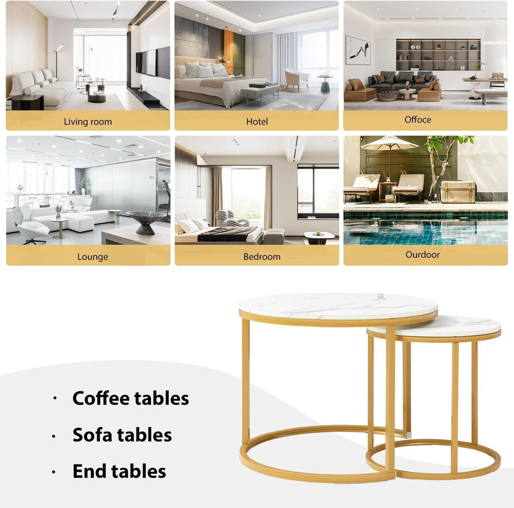 Nesting Coffee Table Set of 2, Round Coffee Table w/Marble Pattern Top, Modern Living Room Table with Sturdy Metal Frame, Industrial End Table Side Tables for Small Space Apartment (White)