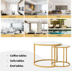Nesting Coffee Table Set of 2, Round Coffee Table w/Marble Pattern Top, Modern Living Room Table with Sturdy Metal Frame, Industrial End Table Side Tables for Small Space Apartment (White)