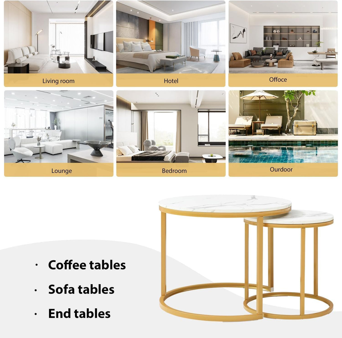 Nesting Coffee Table Set of 2, Round Coffee Table w/Marble Pattern Top, Modern Living Room Table with Sturdy Metal Frame, Industrial End Table Side Tables for Small Space Apartment (White)
