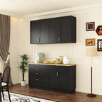 Kitchen Cabinet Set with 5 Drawers and Shelves, Wall-Mounted Pantry Cabinet Set with Doors & Countertop, for Kitchen Storage Black and Oak