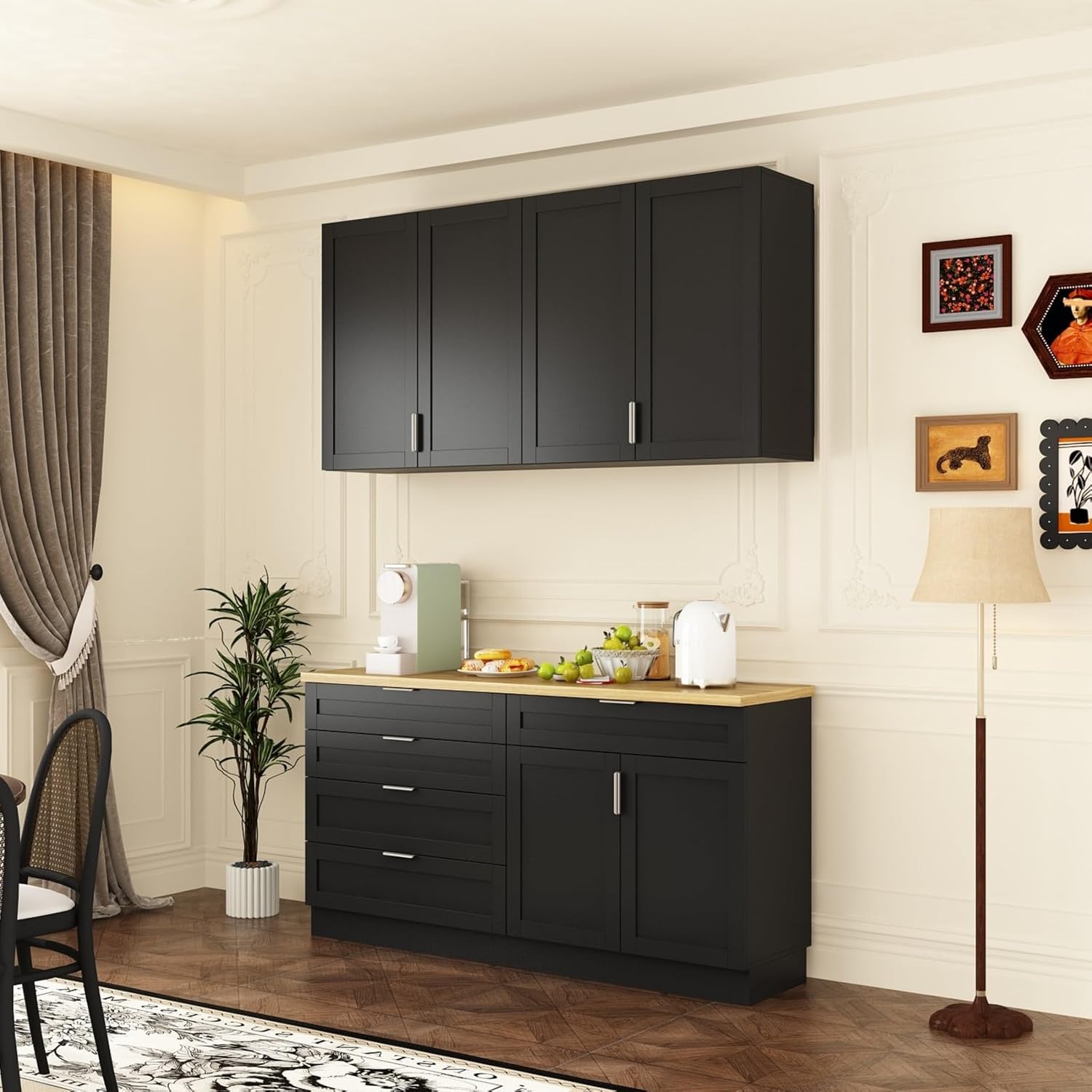 Kitchen Cabinet Set with 5 Drawers and Shelves, Wall-Mounted Pantry Cabinet Set with Doors & Countertop, for Kitchen Storage Black and Oak
