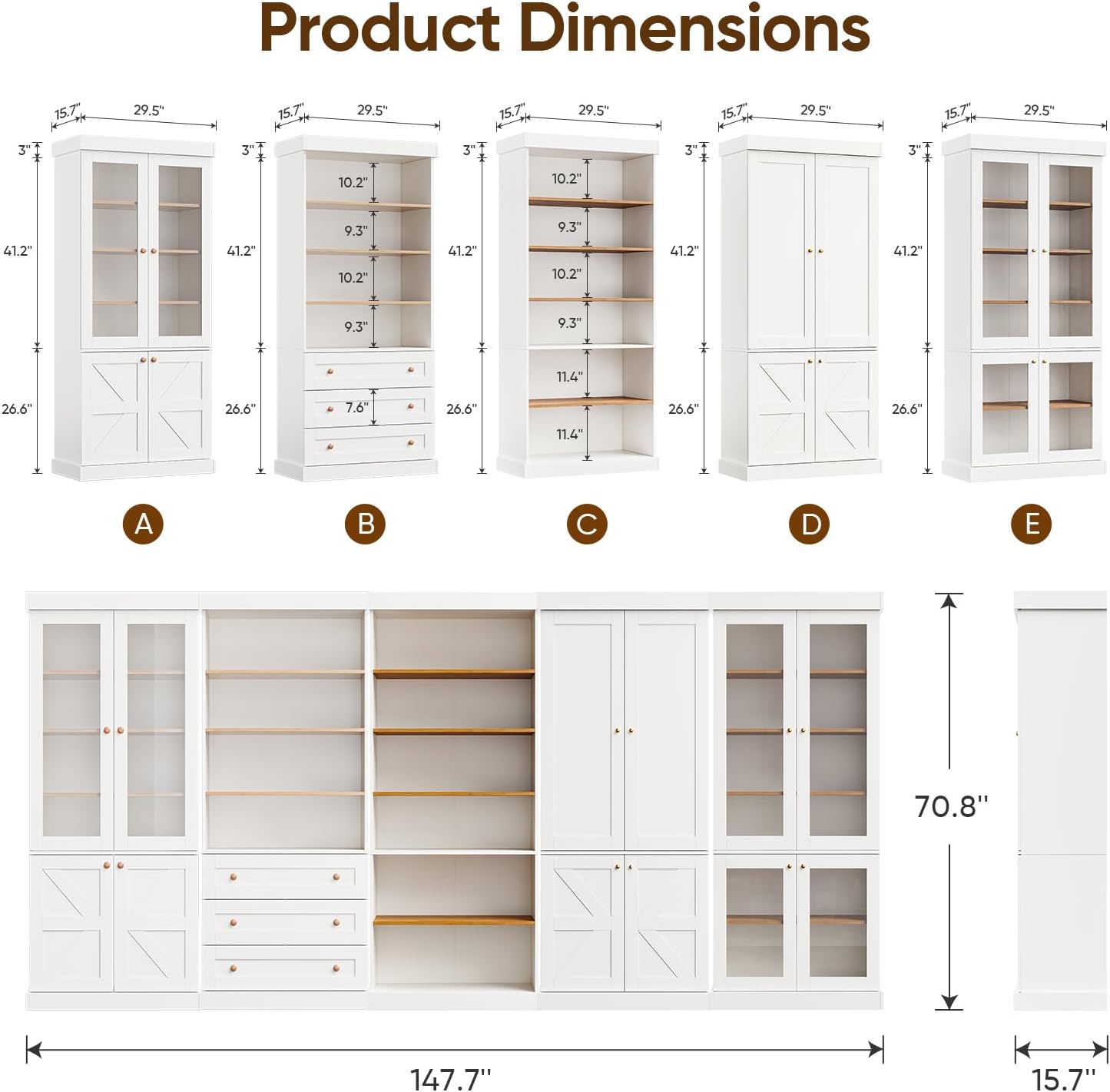 Vyre 70.8" Tall Farmhouse Modular Kitchen Pantry Cabinet, Wooden Storage Hutch with 6-Tier Adjustable Shelves, Set of 3, White