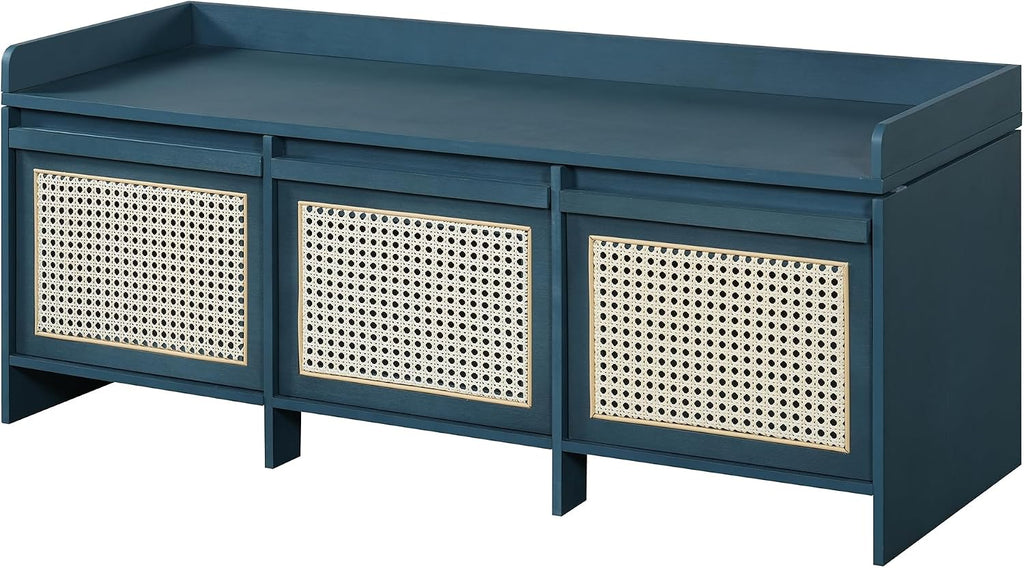 SOFTSEA 48" Shoe Storage Bench with Cushion, 2-Tier Entryway Bench with 3 Rattan Storage Drawers & Lift Top Storage, Retro Shoe Cabinet for Hallway, Bedroom, Living Room, Navy