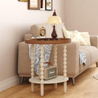Function Home Round End Table, Farmhouse Side Table with Storage Shelf, 2 Tier Wooden Nightstand, 19.2” Accent Table for Living Room Bedroom Small Space, Natural Tray Top and Vintage White Spindle Leg