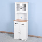 Wooden Kitchen Pantry Cabinet with Framed Glass Doors & Drawer – Microwave Storage Hutch with Adjustable Shelves & Anti-Topple Design