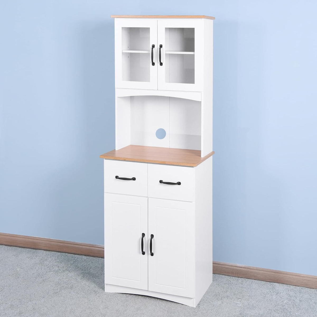 Wooden Kitchen Pantry Cabinet with Framed Glass Doors & Drawer – Microwave Storage Hutch with Adjustable Shelves & Anti-Topple Design