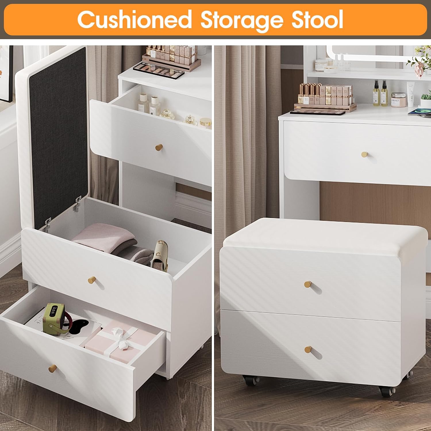 Make Up Vanity Desk with Mirror and Lights,Small Vanity With Storage Chair | White Vanity Table Set with Charger Station