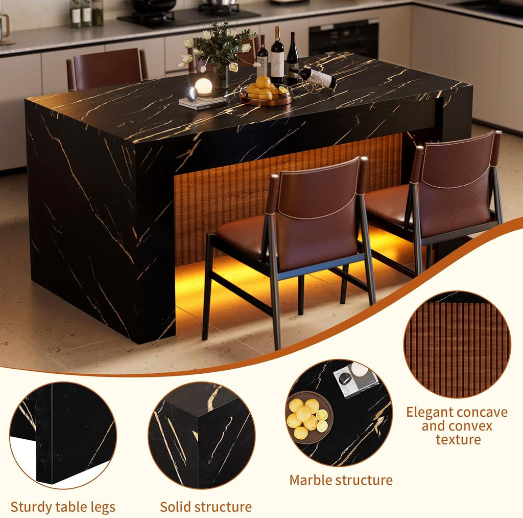 63" Modern Imitation Marble Stripes Kitchen Dining Table, Black Island Table with Grille Design and LED Lights for 4-6 People, Large Imitation Marble Dining Table for Home Kitchen Living Room.