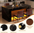 63" Modern Imitation Marble Stripes Kitchen Dining Table, Black Island Table with Grille Design and LED Lights for 4-6 People, Large Imitation Marble Dining Table for Home Kitchen Living Room.