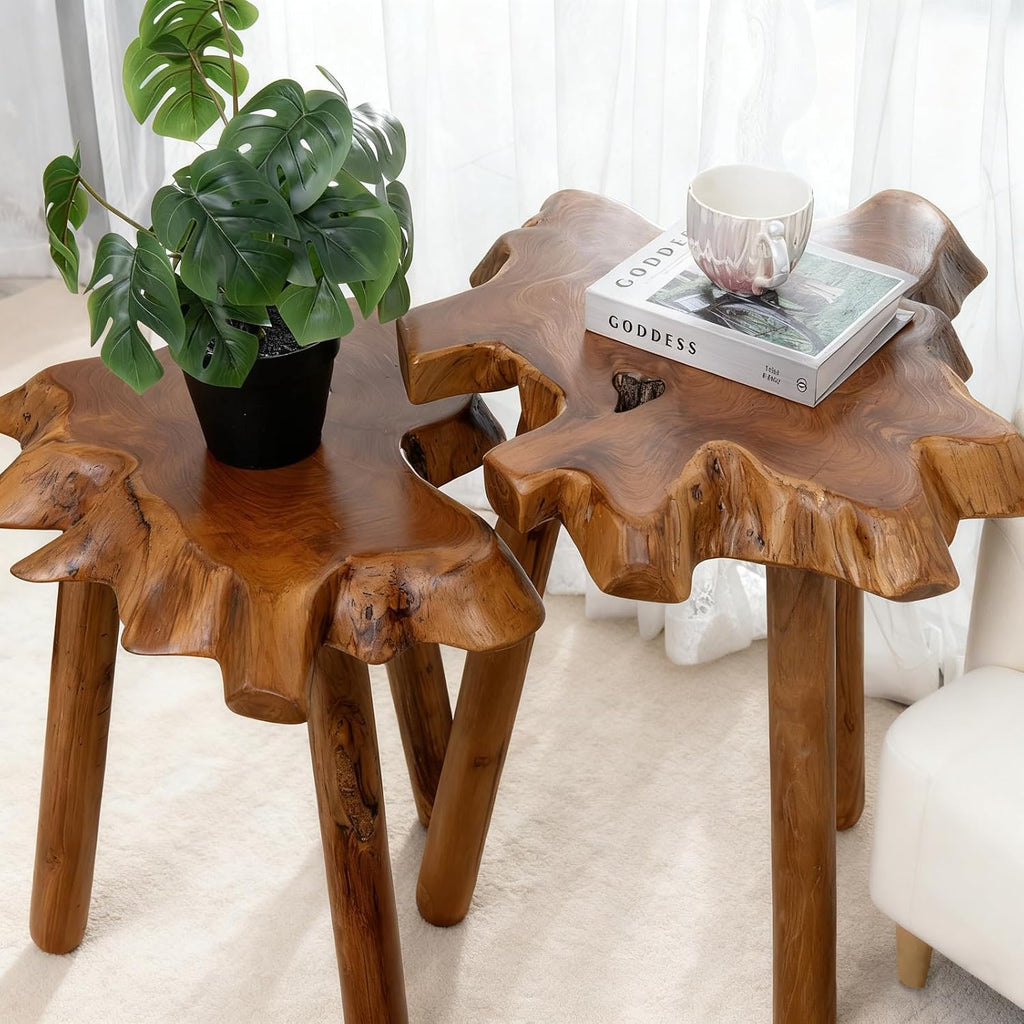 Natural Teak Wood Live Edge Side Table with Wood Legs – Rustic Side Table for Living Room, Bedroom – Sturdy Real Teak Wood End Table, Easy to Assemble (14"x16"x20" +18"x20"x20")